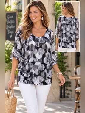 Adele & May black and white top with semi sheer shawl overlay